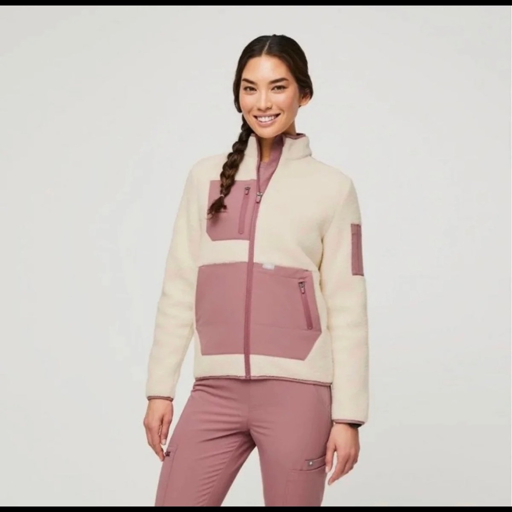 BRAND NEW WITH TAGS! FIGS oatmeal/mineral mauve Sherpa jacket - XS